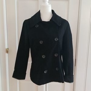 H&M black denim jean jacket, pea coat style, double breasted, size 12